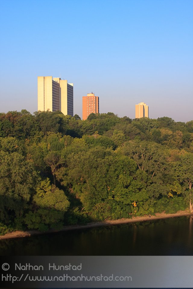 Several buildings in Minneapolis across the Mississippi River.